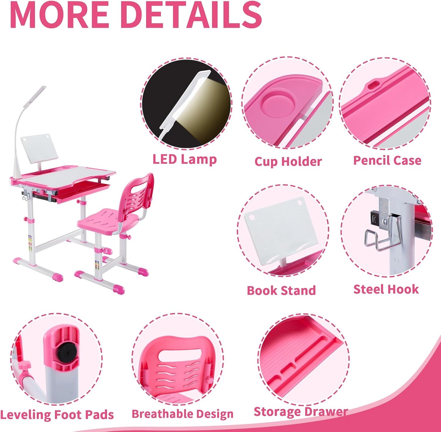 Diroan Kids Adjustable Study Desk & Chair Set with LED Light, Storage Drawer