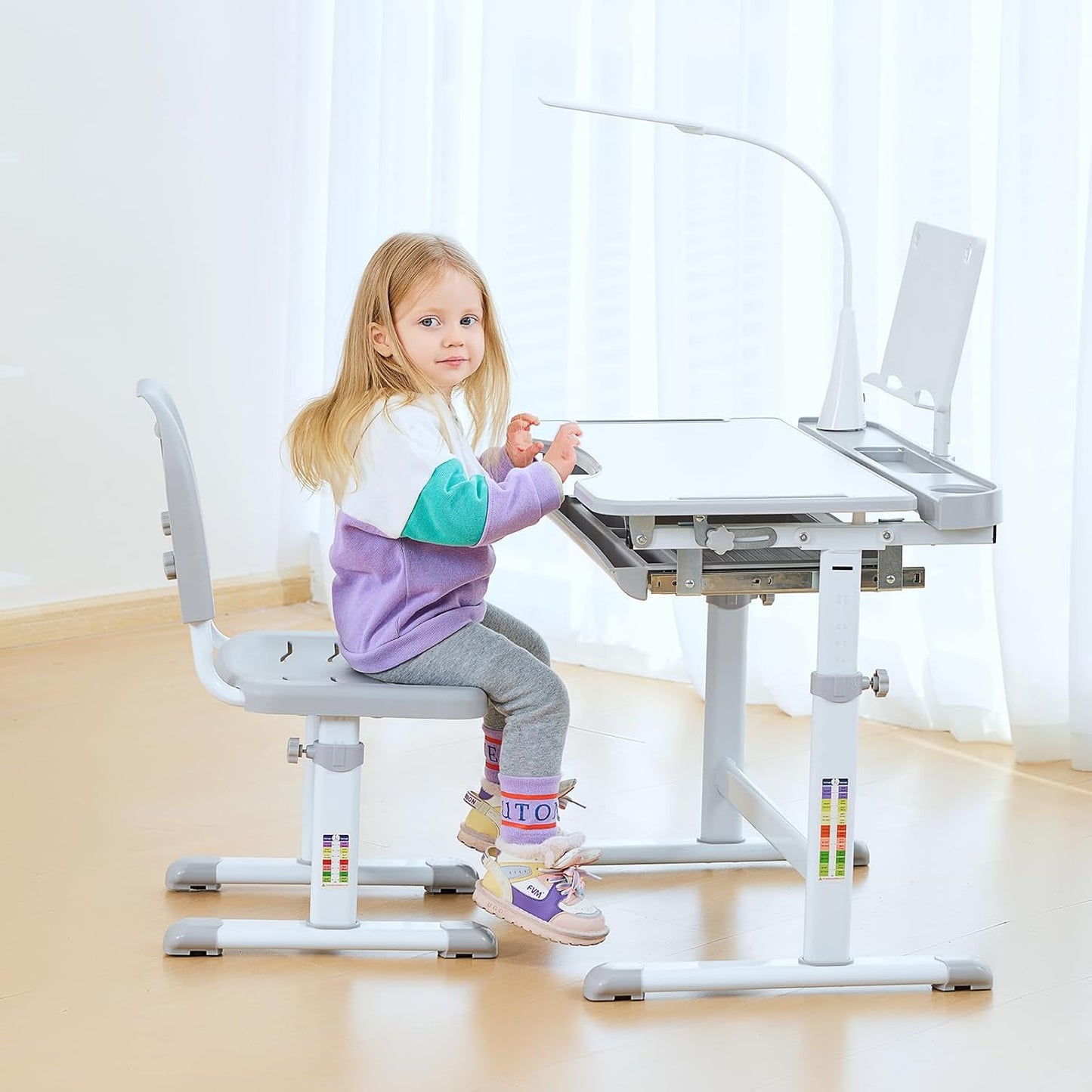 Diroan Kids Adjustable Study Desk & Chair Set with LED Light, Storage Drawer