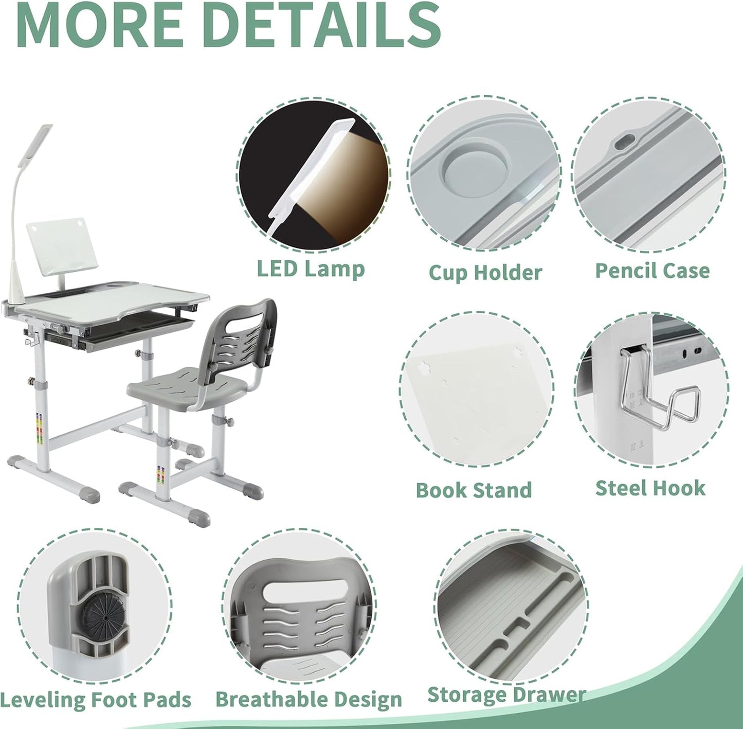 Diroan Kids Adjustable Study Desk & Chair Set with LED Light, Storage Drawer