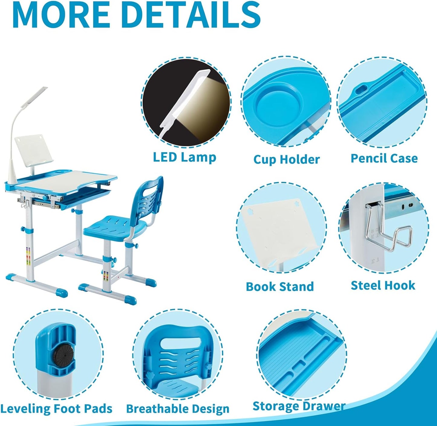 Diroan Kids Adjustable Study Desk & Chair Set with LED Light, Storage Drawer