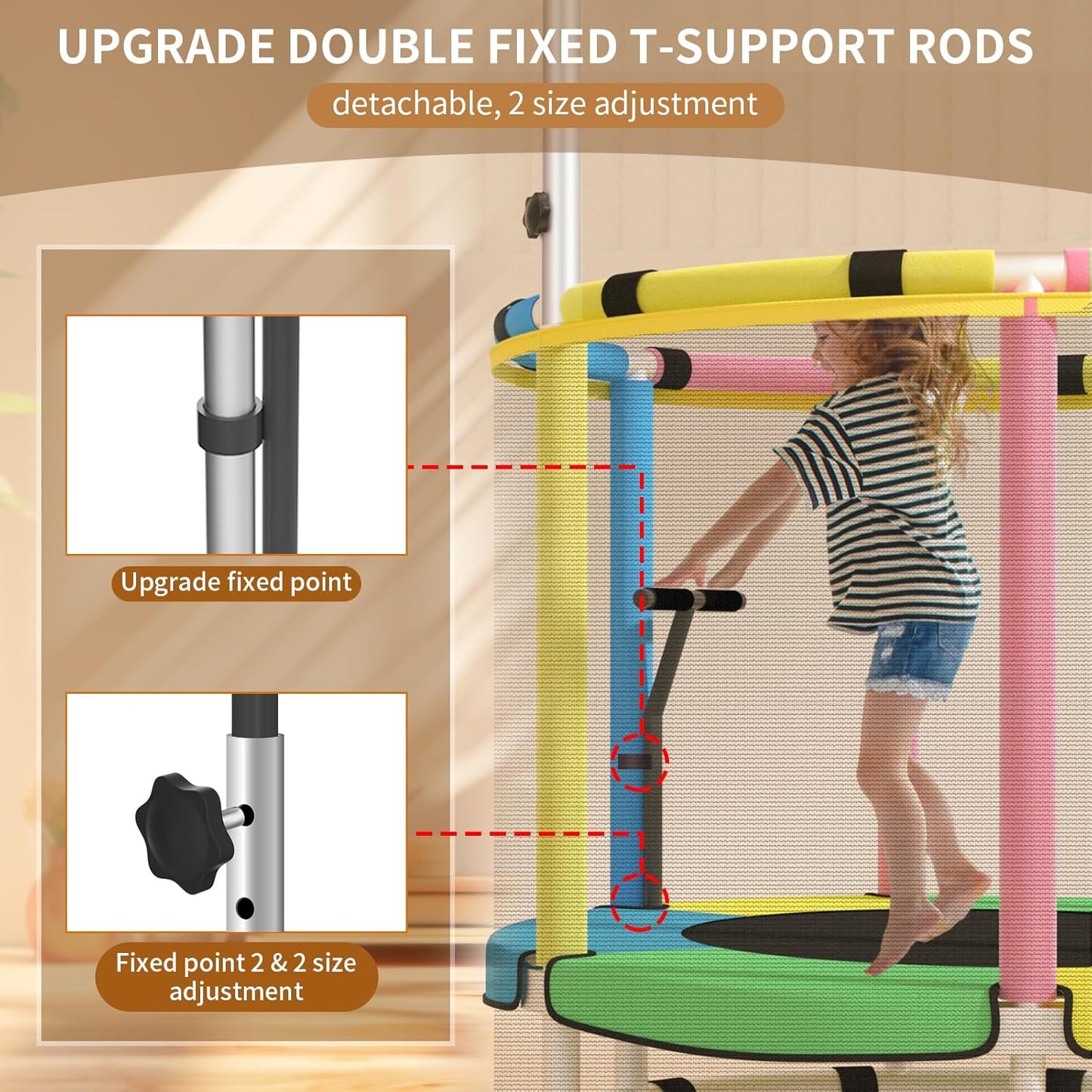 Trampoline for Kids, Adjustable Baby Toddler Trampoline with Basketball Hoop, Round Bottom Indoor Outdoor Toddler with Enclosure