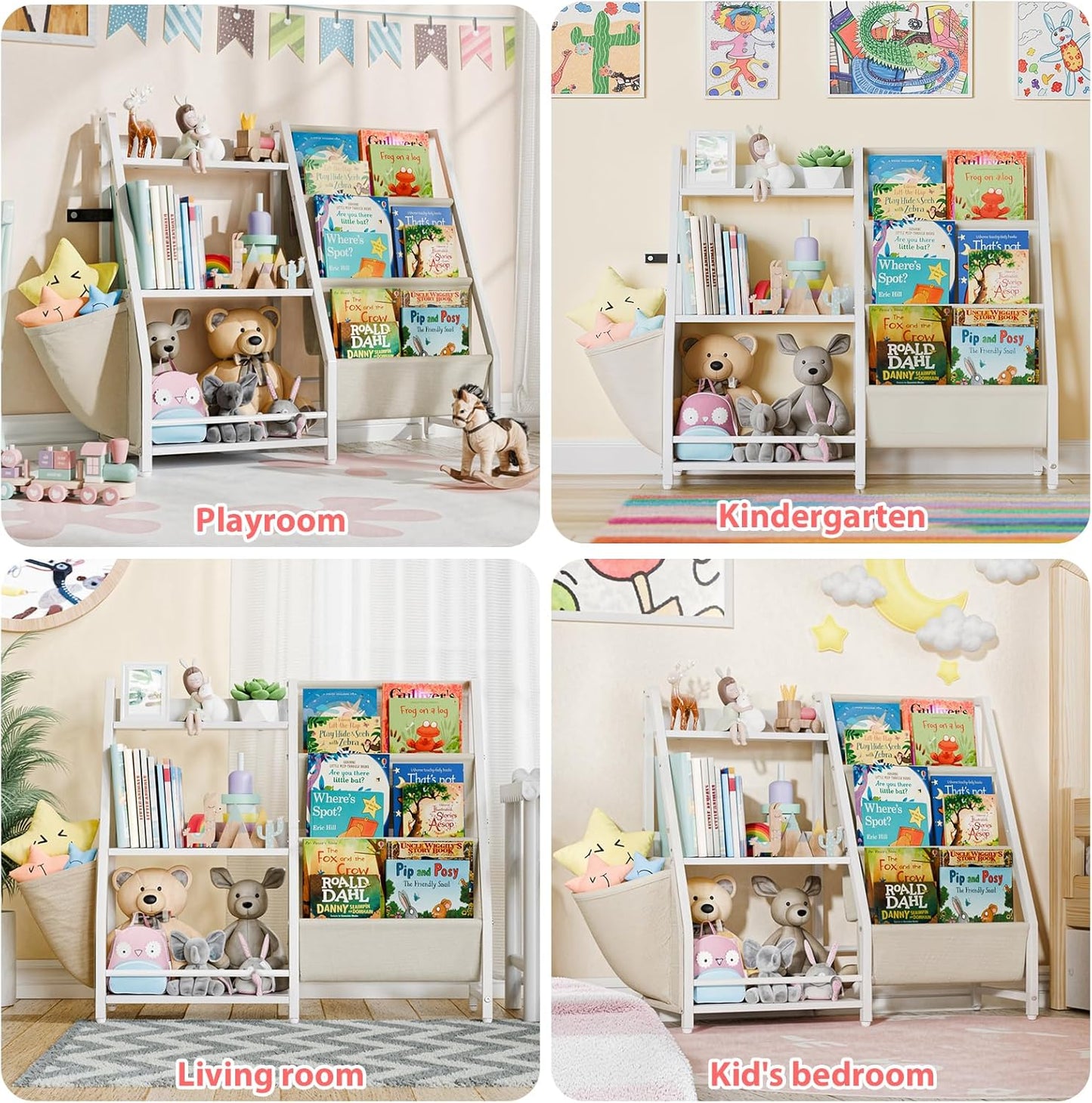 Montessori Kids Book Sling Shelf - 3-Tier Toy Storage Organizer for Nursery & Playroom (White)