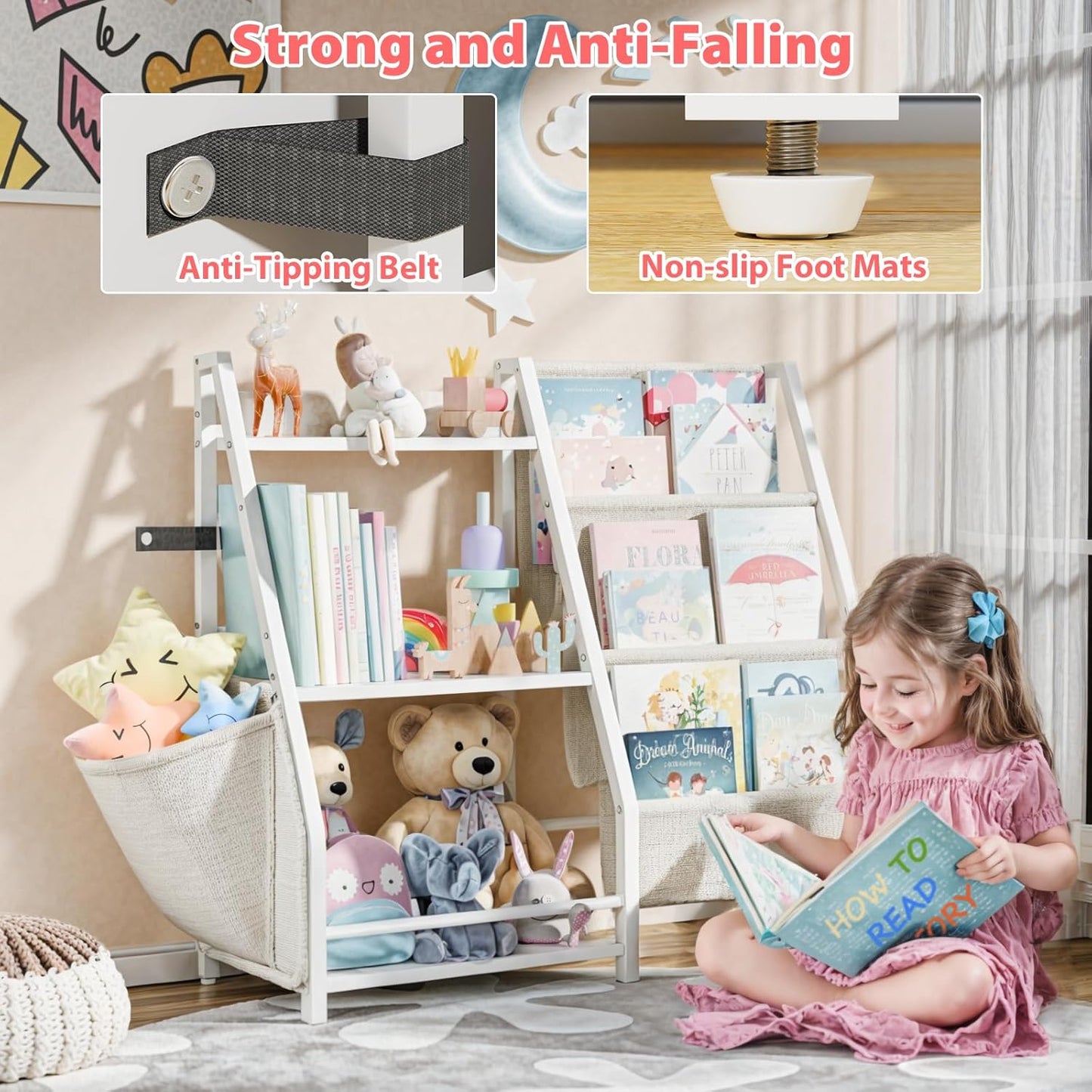 Montessori Kids Book Sling Shelf - 3-Tier Toy Storage Organizer for Nursery & Playroom (White)