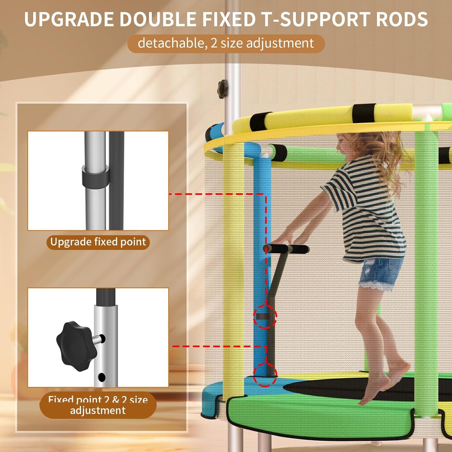 Trampoline for Kids, Adjustable Baby Toddler Trampoline with Basketball Hoop, Round Bottom Indoor Outdoor Toddler with Enclosure