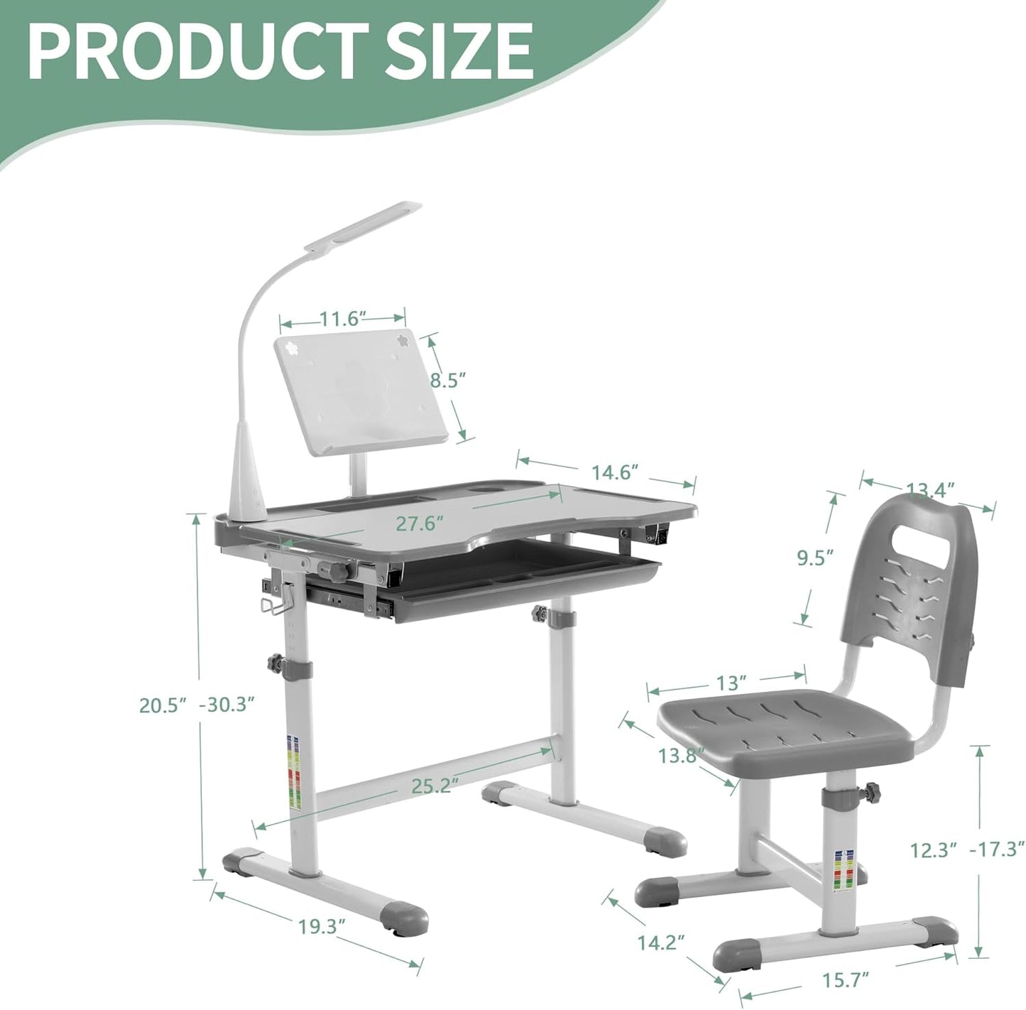 Diroan Kids Adjustable Study Desk & Chair Set with LED Light, Storage Drawer