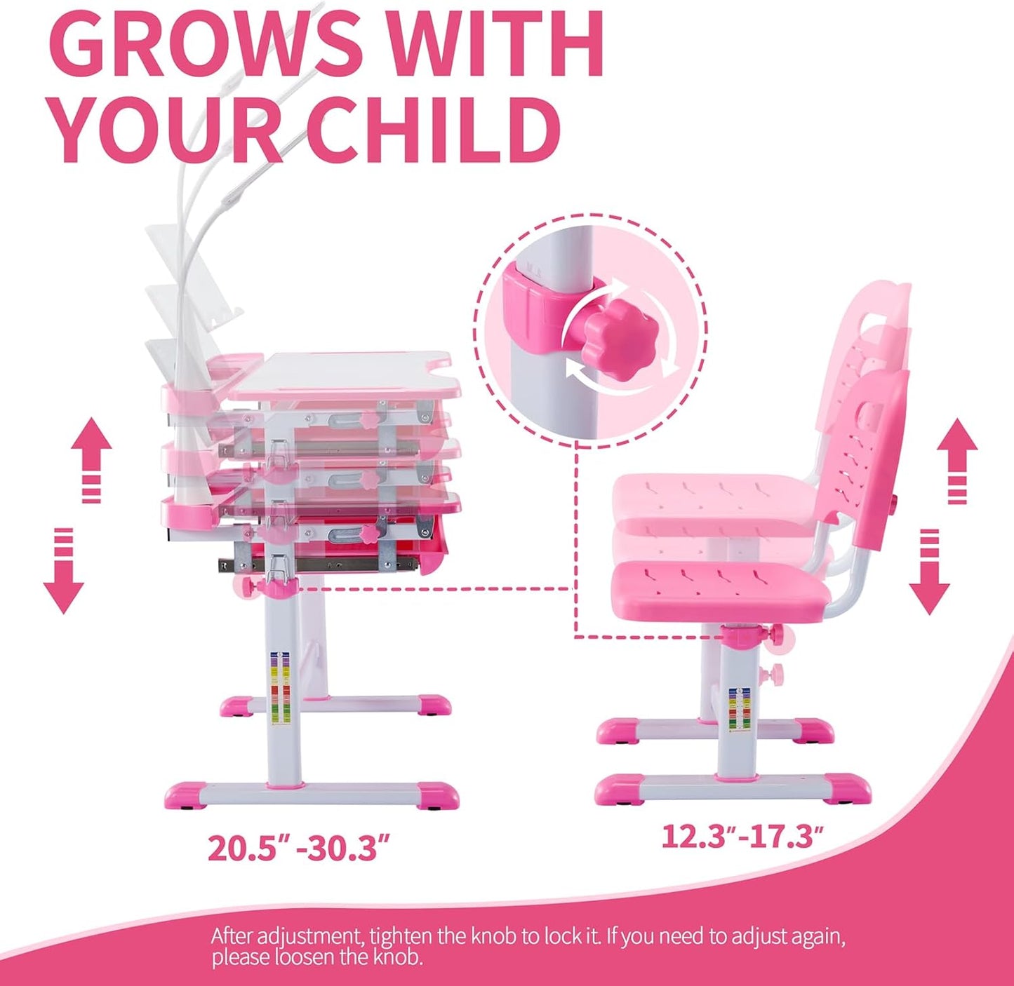 Diroan Kids Adjustable Study Desk & Chair Set with LED Light, Storage Drawer