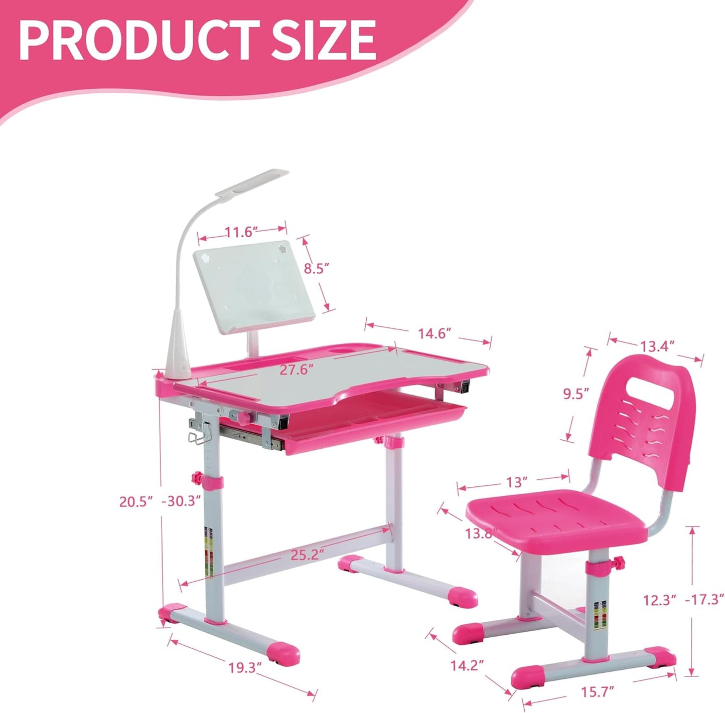 Diroan Kids Adjustable Study Desk & Chair Set with LED Light, Storage Drawer