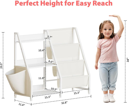 Montessori Kids Book Sling Shelf - 3-Tier Toy Storage Organizer for Nursery & Playroom (White)
