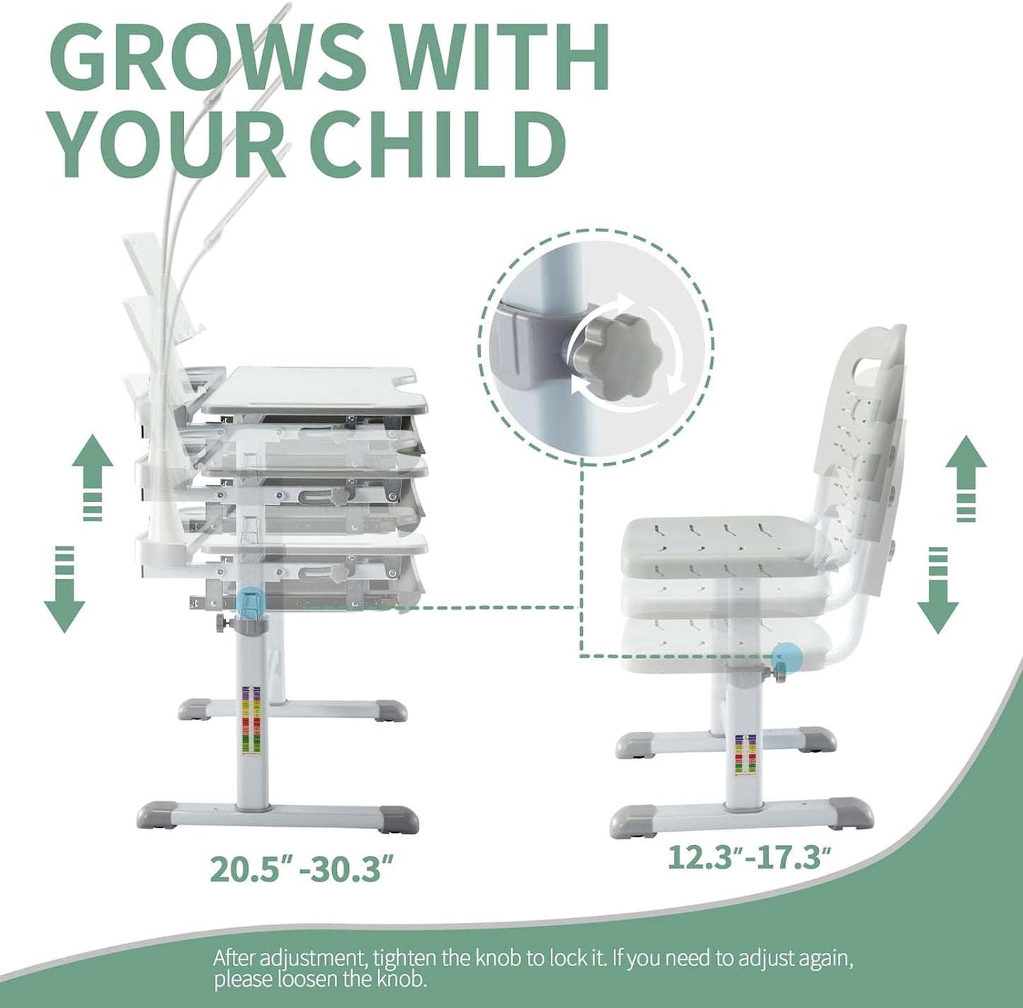 Diroan Kids Adjustable Study Desk & Chair Set with LED Light, Storage Drawer