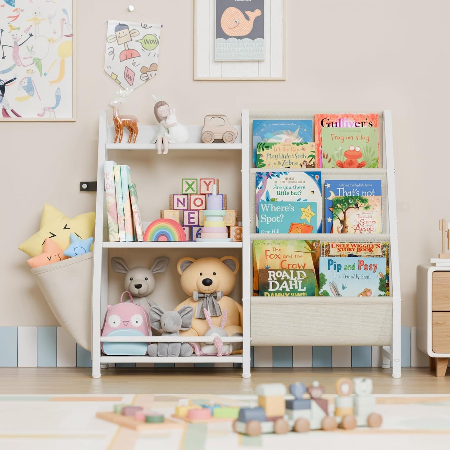 Montessori Kids Book Sling Shelf - 3-Tier Toy Storage Organizer for Nursery & Playroom (White)