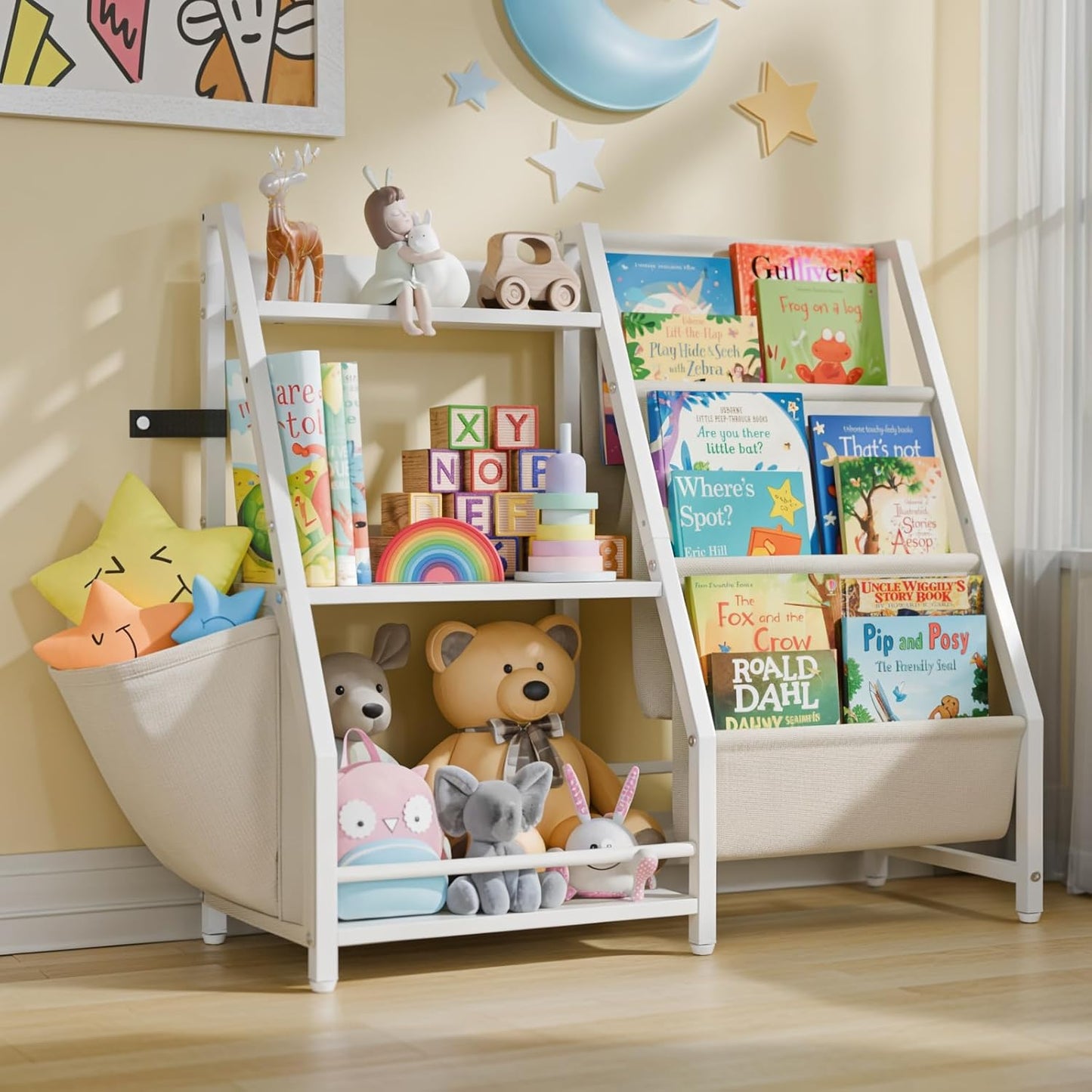 Montessori Kids Book Sling Shelf - 3-Tier Toy Storage Organizer for Nursery & Playroom (White)