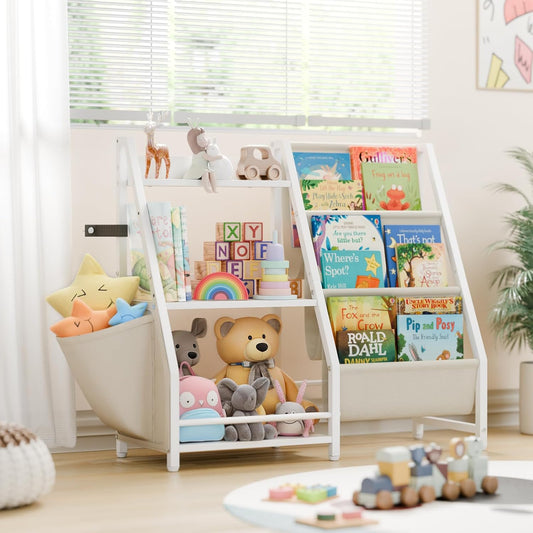 Montessori Kids Book Sling Shelf - 3-Tier Toy Storage Organizer for Nursery & Playroom (White)