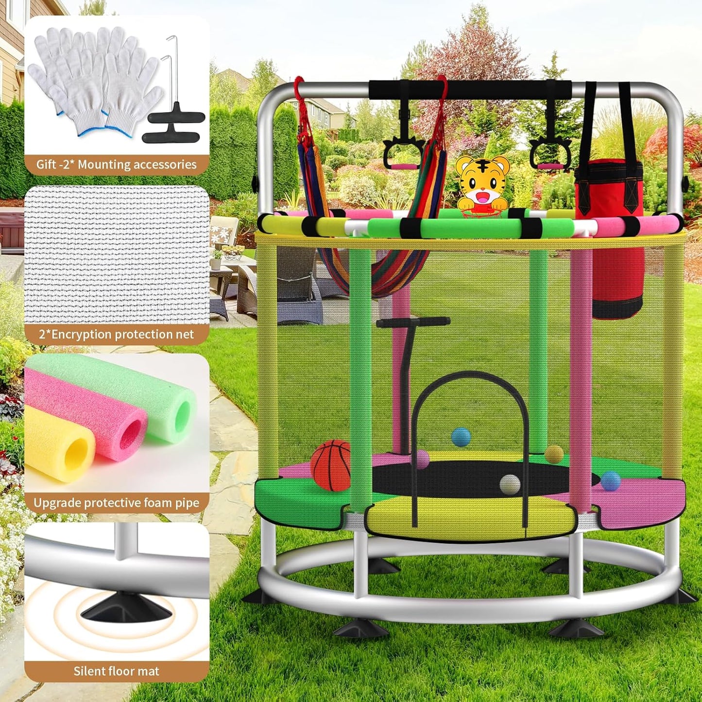 Trampoline for Kids, Adjustable Baby Toddler Trampoline with Basketball Hoop, Round Bottom Indoor Outdoor Toddler with Enclosure