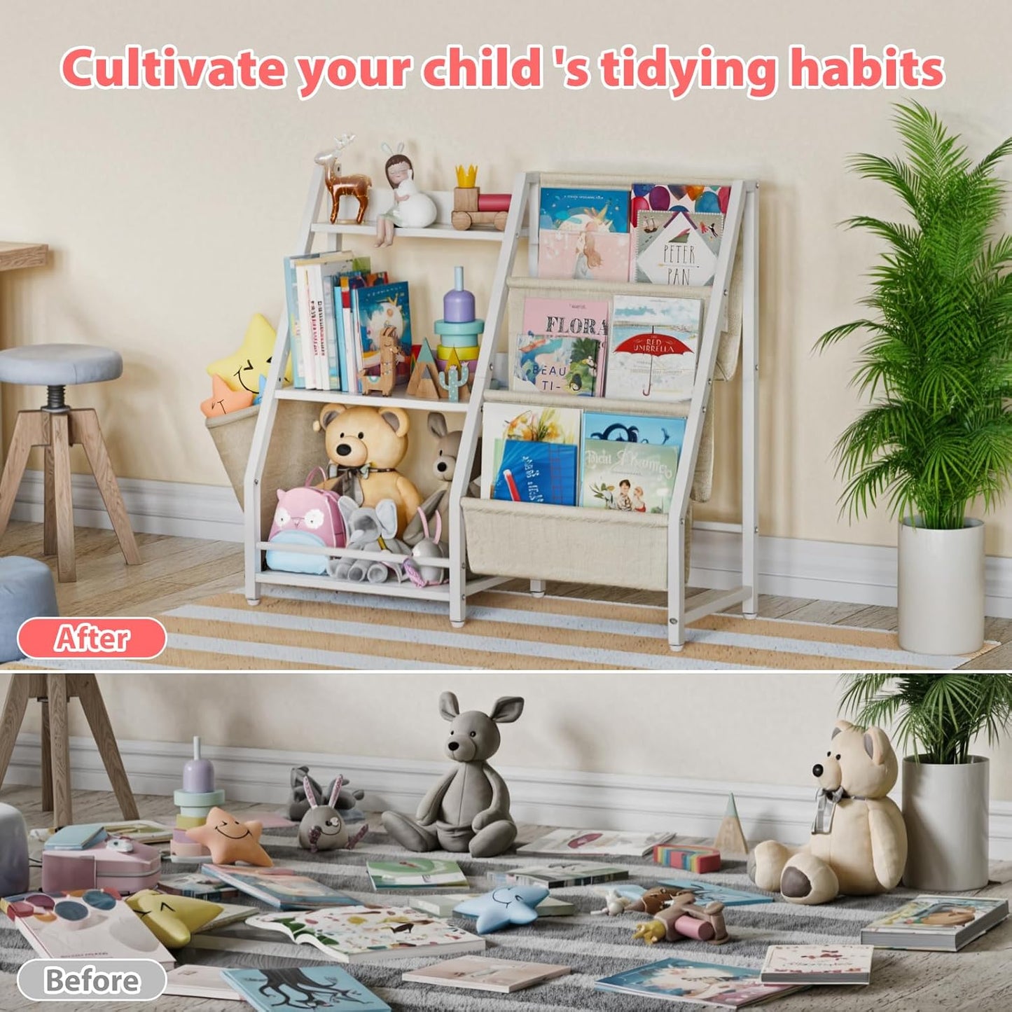 Montessori Kids Book Sling Shelf - 3-Tier Toy Storage Organizer for Nursery & Playroom (White)