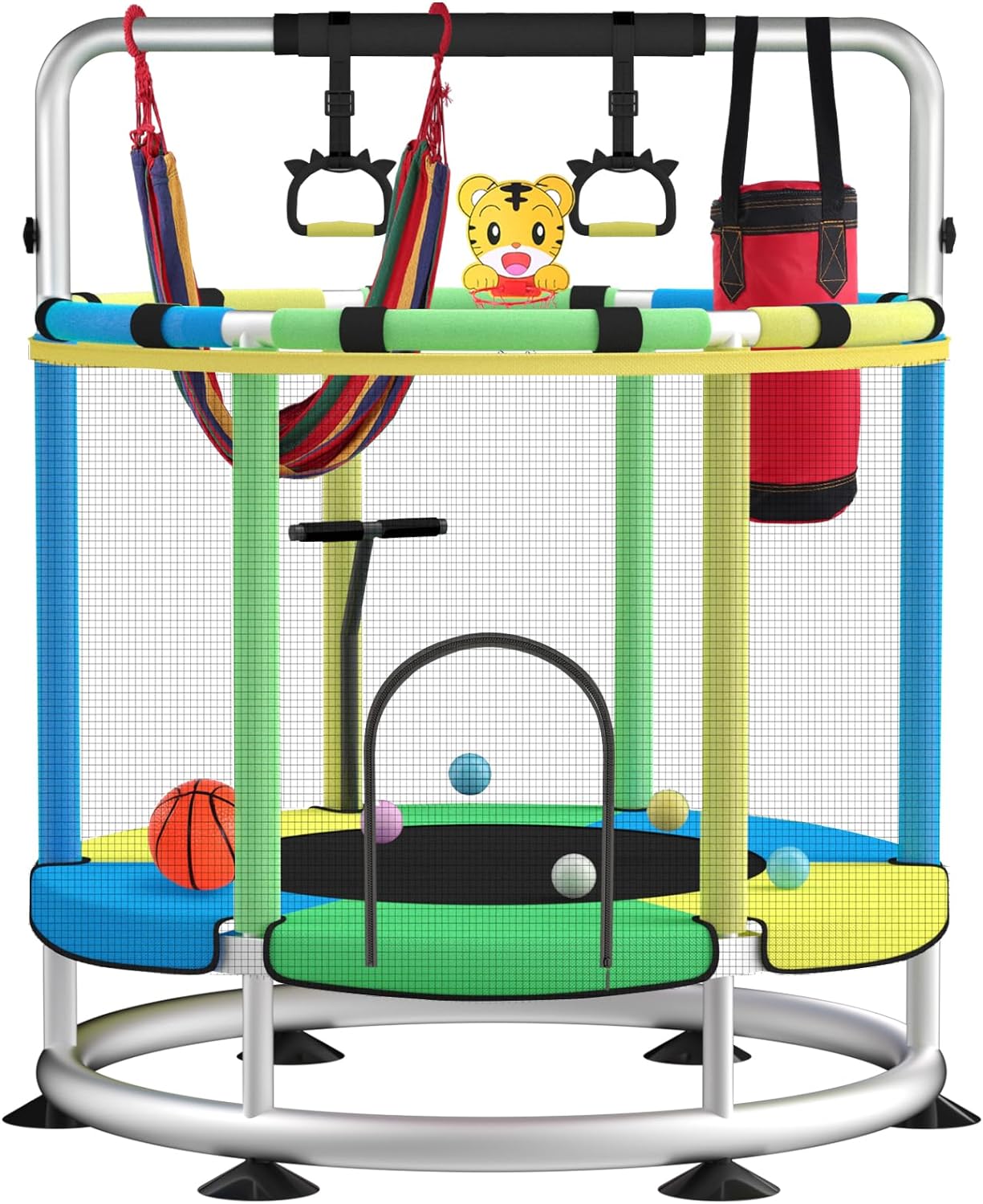 Trampoline for Kids, Adjustable Baby Toddler Trampoline with Basketball Hoop, Round Bottom Indoor Outdoor Toddler with Enclosure