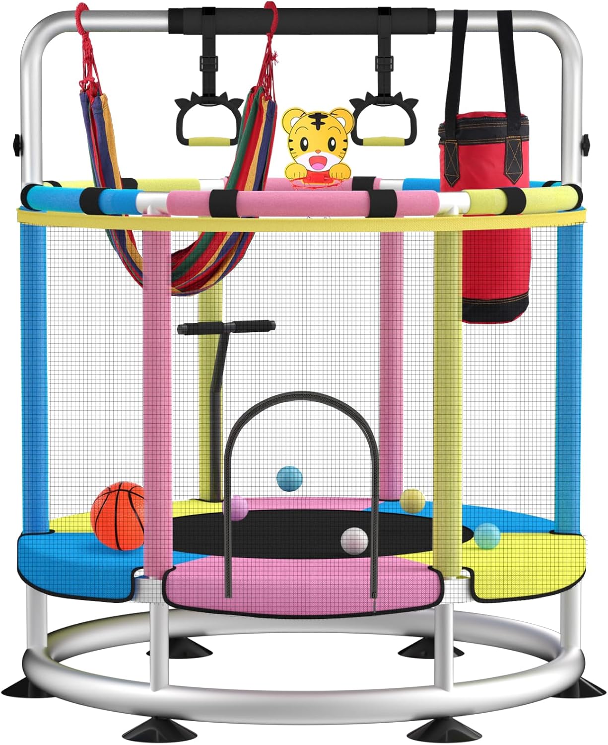 Trampoline for Kids, Adjustable Baby Toddler Trampoline with Basketball Hoop, Round Bottom Indoor Outdoor Toddler with Enclosure