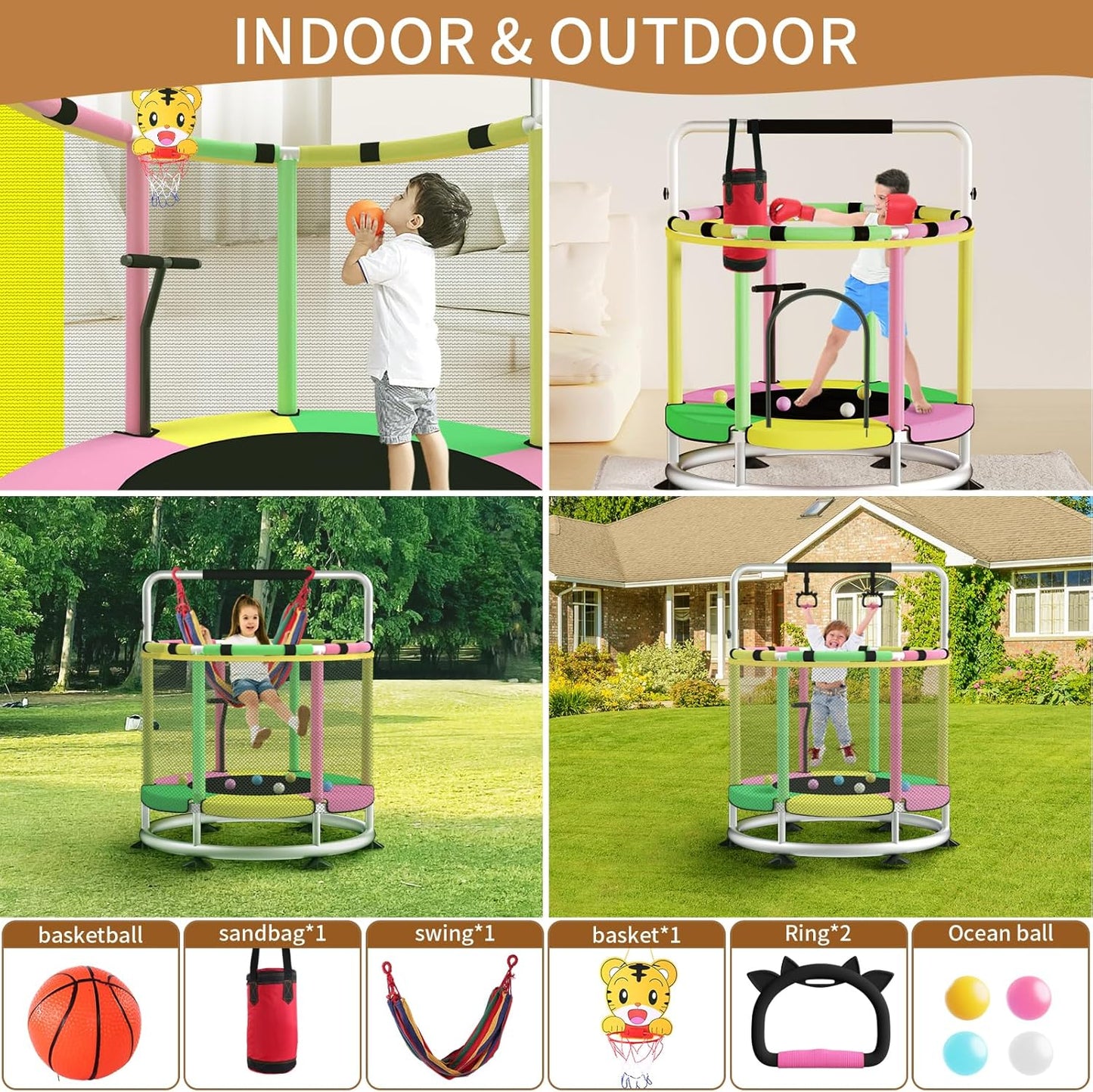 Trampoline for Kids, Adjustable Baby Toddler Trampoline with Basketball Hoop, Round Bottom Indoor Outdoor Toddler with Enclosure